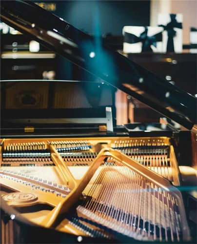Une photo d'un piano luxueux, ouvert afin de révéler son mécanisme interne.