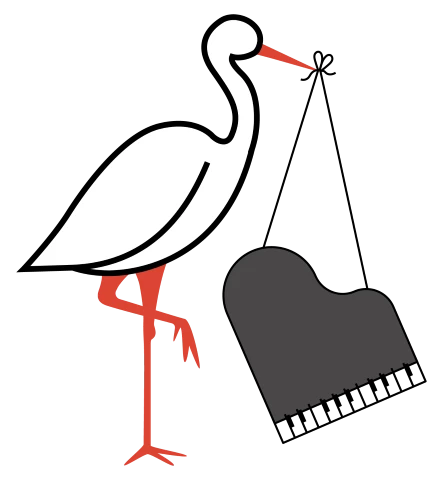 Une représentation graphique schématique d'une cigogne avec un piano dans le bec, suspendu à une ficelle