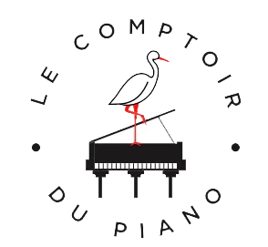 Une représentation graphique schématique d'un cigogne se tenant sur un piano avec le texte « le comptoir du piano » positionné en forme de cercle autour.
